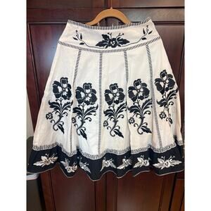 Boston Proper A-line White & Black Cotton Embroidered Skirt Size 2
